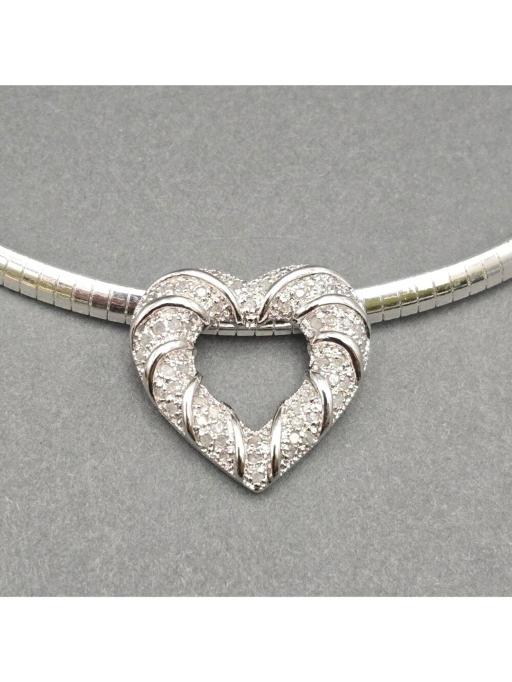 Sterling Silver Omega Chain Choker White Diamond Heart Pendant Necklace - Picture 3 of 16